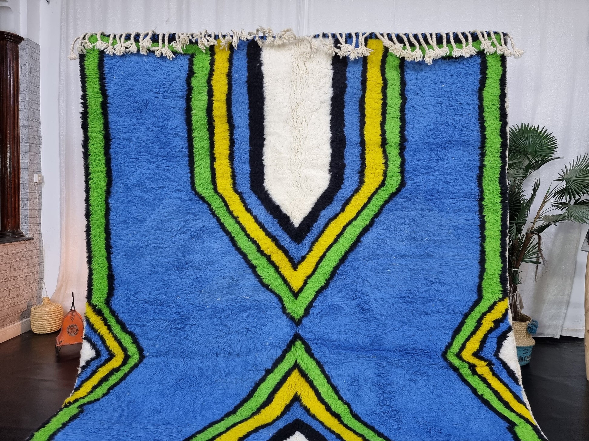 ARTISTIC BENIOURAIN RUG, Moroccan Rug, Area Wool Rug, Geometric Rug, Blue, Yelow and Green Rug, Overdyed Rug, Area Rug, Large Handmade Rug