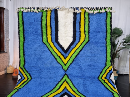 ARTISTIC BENIOURAIN RUG, Moroccan Rug, Area Wool Rug, Geometric Rug, Blue, Yelow and Green Rug, Overdyed Rug, Area Rug, Large Handmade Rug