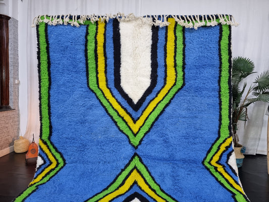 ARTISTIC BENIOURAIN RUG, Moroccan Rug, Area Wool Rug, Geometric Rug, Blue, Yelow and Green Rug, Overdyed Rug, Area Rug, Large Handmade Rug