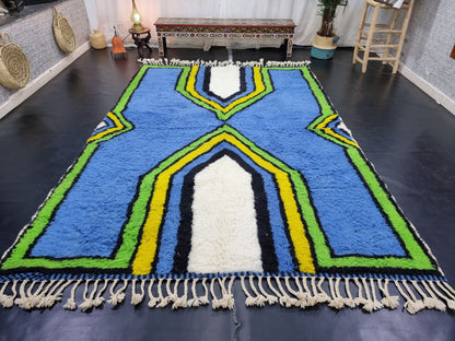 ARTISTIC BENIOURAIN RUG, Moroccan Rug, Area Wool Rug, Geometric Rug, Blue, Yelow and Green Rug, Overdyed Rug, Area Rug, Large Handmade Rug