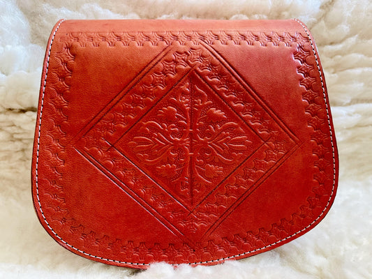 Moroccan Leather Bag, Genuine Leather Crossbody Bag, Moroccan Shoulder Bag, Women'S Leather Bag, Handmade Carved Leather Bag, Red Boho Bag