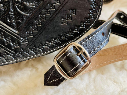 Moroccan Leather Bag, Genuine Leather Crossbody Bag, Moroccan Shoulder Bag, Women'S Leather Bag, Handmade Carved Leather Bag, Black Boho Bag