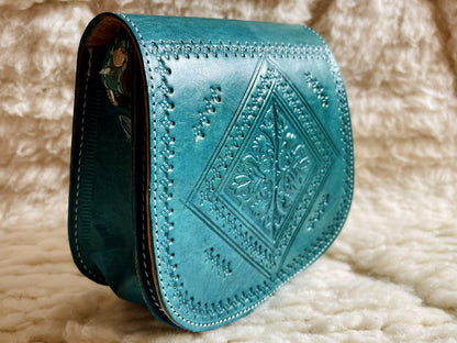 Moroccan Leather Bag, Genuine Leather Crossbody Bag, Moroccan Shoulder Bag, Women'S Leather Bag, Handmade Carved Leather Bag, Turquoise Bag