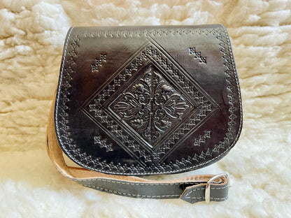 Moroccan Leather Bag, Genuine Leather Crossbody Bag, Moroccan Shoulder Bag, Women'S Leather Bag, Handmade Carved Leather Bag, Black Boho Bag