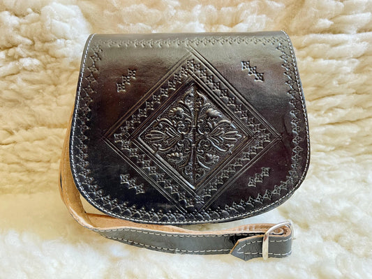 Moroccan Leather Bag, Genuine Leather Crossbody Bag, Moroccan Shoulder Bag, Women'S Leather Bag, Handmade Carved Leather Bag, Black Boho Bag