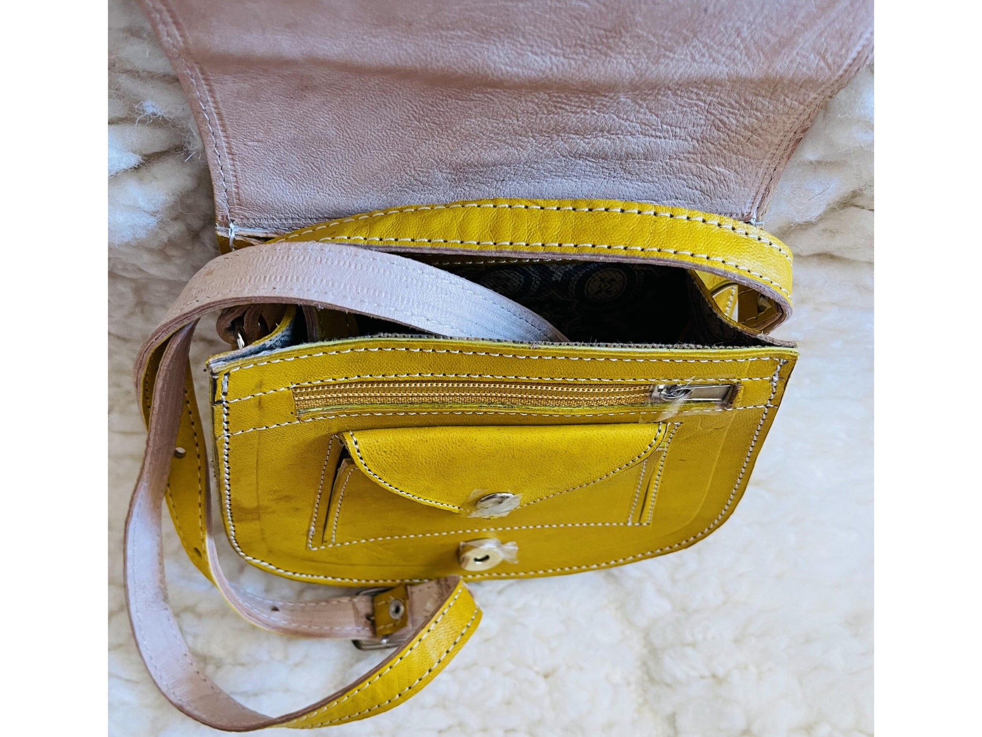 Moroccan Leather Bag, Genuine Leather Crossbody Bag, Moroccan Shoulder Bag, Women Leather Bag, Handmade Carved Leather Bag, Yellow Boho Bag