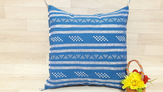 Cactus Silk Cushion Cover - Blue Sabra Pillow - Handmade Morocco Cushion