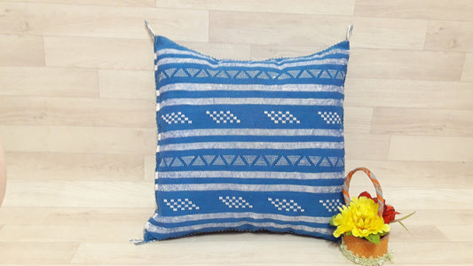 Cactus Silk Cushion Cover - Blue Sabra Pillow - Handmade Morocco Cushion