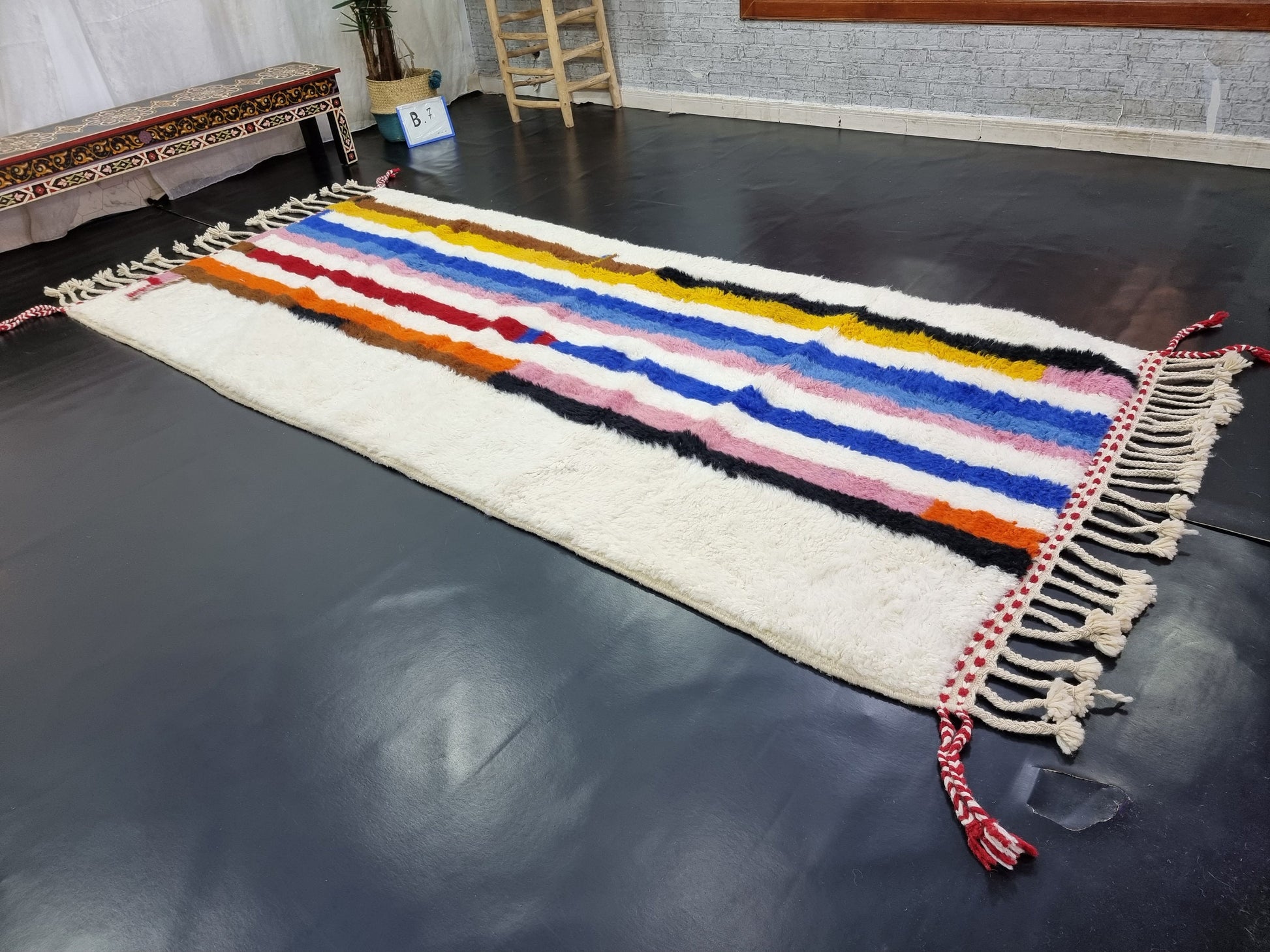 COLORFUL RUG 4X10, Striped Moroccan Rug, Handmade Area Rug, Bohemian Shag Rug, White Wool Rug, Authentic Beni Ourain Rug, Berber Carpet.