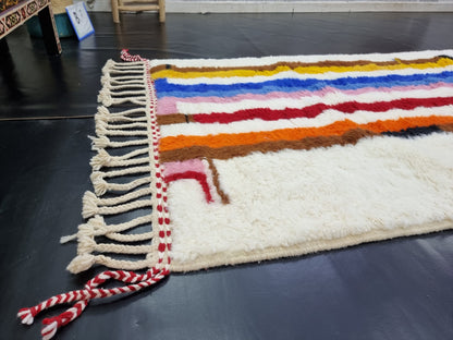 COLORFUL RUG 4X10, Striped Moroccan Rug, Handmade Area Rug, Bohemian Shag Rug, White Wool Rug, Authentic Beni Ourain Rug, Berber Carpet.
