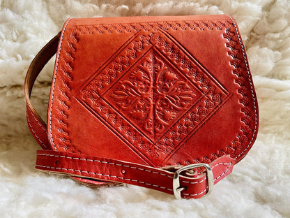 Moroccan Leather Bag, Genuine Leather Crossbody Bag, Moroccan Shoulder Bag, Women'S Leather Bag, Handmade Carved Leather Bag, Red Boho Bag