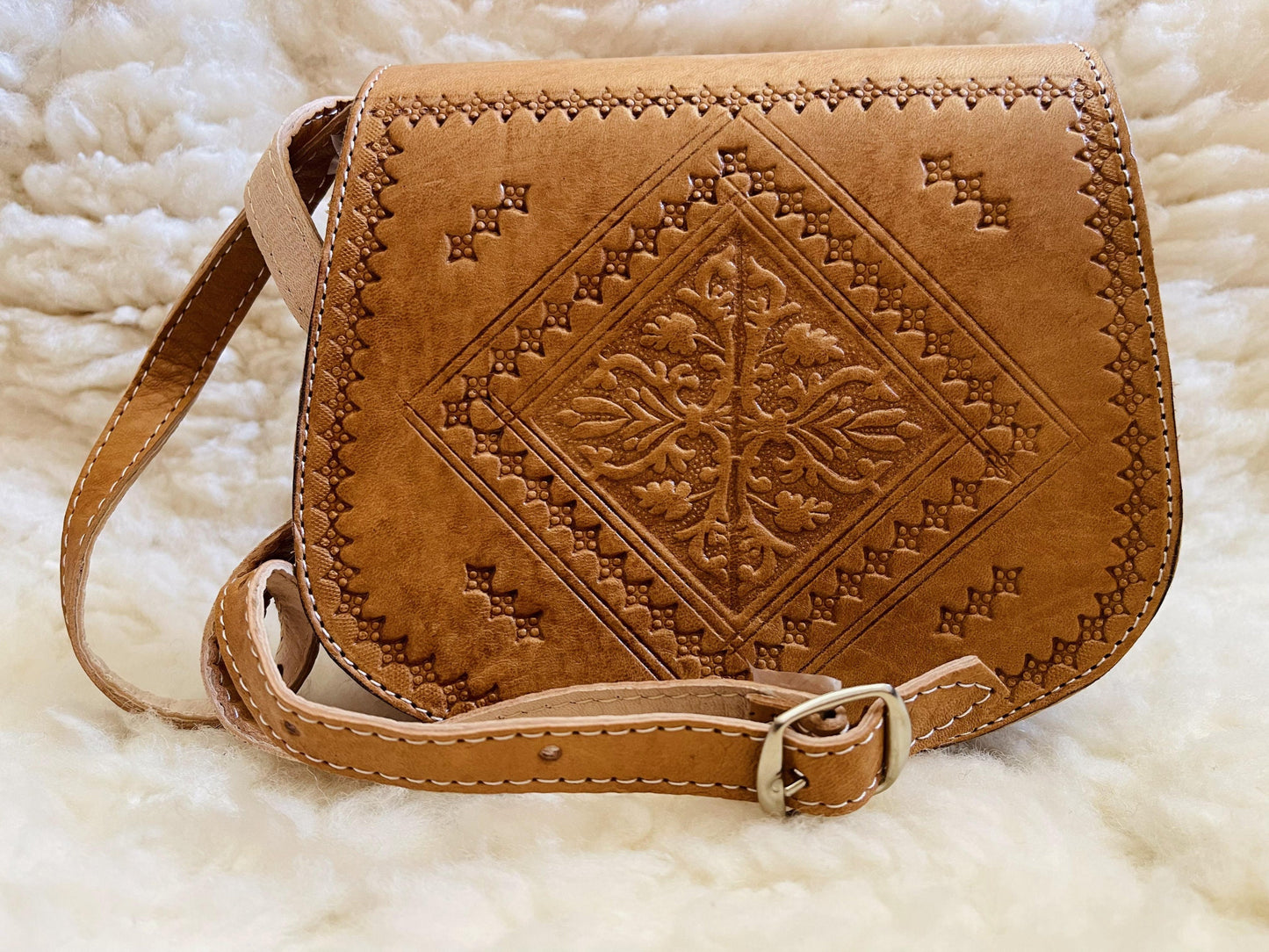 Moroccan Leather Bag, Genuine Leather Crossbody Bag, Moroccan Shoulder Bag, Women'S Leather Bag, Handmade Carved Leather Bag, Brown Boho Bag