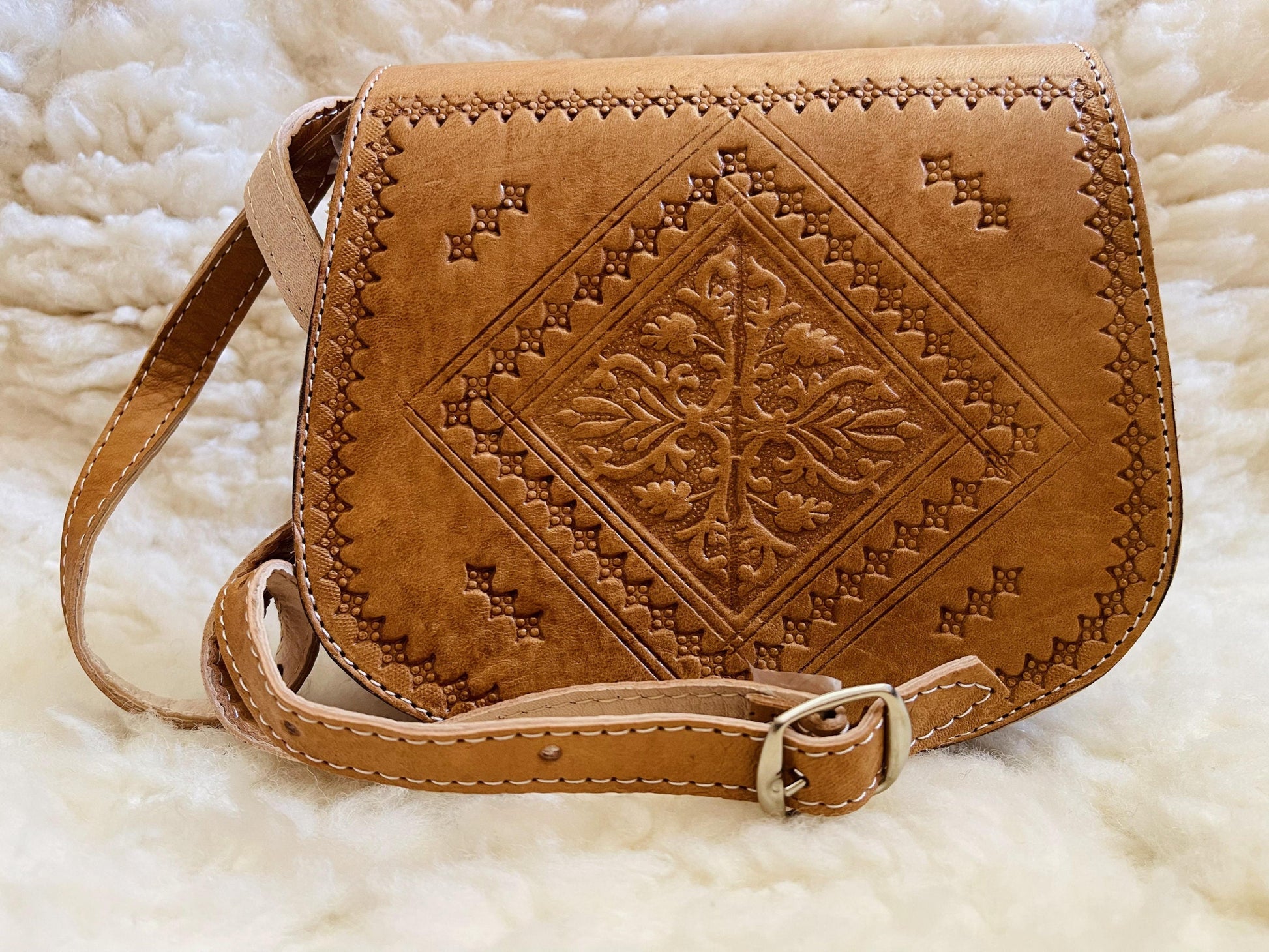 Moroccan Leather Bag, Genuine Leather Crossbody Bag, Moroccan Shoulder Bag, Women'S Leather Bag, Handmade Carved Leather Bag, Brown Boho Bag