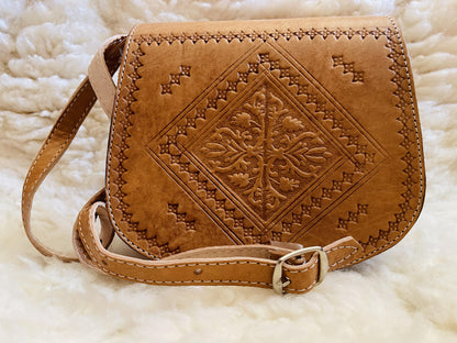 Moroccan Leather Bag, Genuine Leather Crossbody Bag, Moroccan Shoulder Bag, Women'S Leather Bag, Handmade Carved Leather Bag, Brown Boho Bag