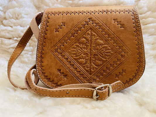 Moroccan Leather Bag, Genuine Leather Crossbody Bag, Moroccan Shoulder Bag, Women'S Leather Bag, Handmade Carved Leather Bag, Brown Boho Bag