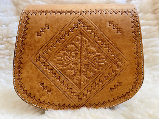 Moroccan Leather Bag, Genuine Leather Crossbody Bag, Moroccan Shoulder Bag, Women'S Leather Bag, Handmade Carved Leather Bag, Brown Boho Bag