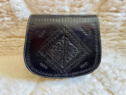 Moroccan Leather Bag, Genuine Leather Crossbody Bag, Moroccan Shoulder Bag, Women'S Leather Bag, Handmade Carved Leather Bag, Black Boho Bag