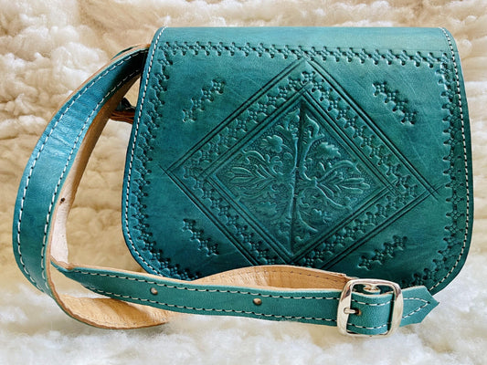 Moroccan Leather Bag, Genuine Leather Crossbody Bag, Moroccan Shoulder Bag, Women'S Leather Bag, Handmade Carved Leather Bag, Turquoise Bag