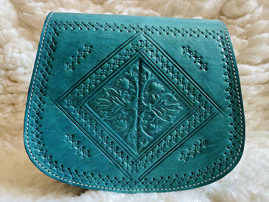 Moroccan Leather Bag, Genuine Leather Crossbody Bag, Moroccan Shoulder Bag, Women'S Leather Bag, Handmade Carved Leather Bag, Turquoise Bag