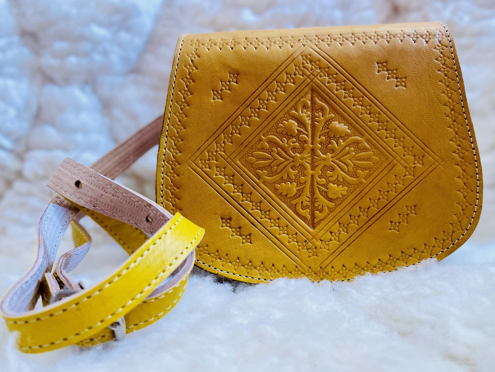 Moroccan Leather Bag, Genuine Leather Crossbody Bag, Moroccan Shoulder Bag, Women Leather Bag, Handmade Carved Leather Bag, Yellow Boho Bag