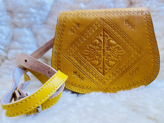 Moroccan Leather Bag, Genuine Leather Crossbody Bag, Moroccan Shoulder Bag, Women Leather Bag, Handmade Carved Leather Bag, Yellow Boho Bag