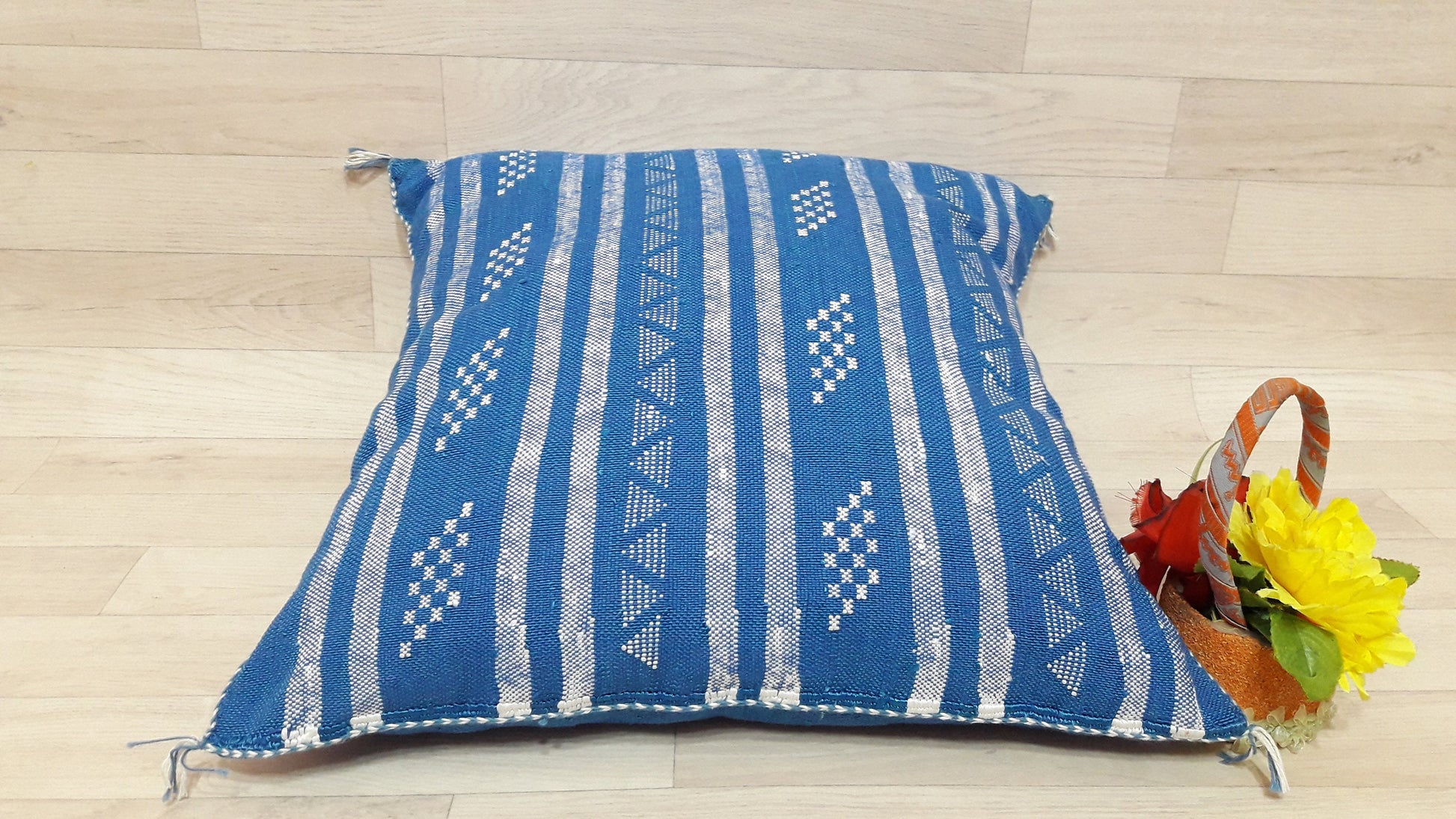 Cactus Silk Cushion Cover - Blue Sabra Pillow - Handmade Morocco Cushion