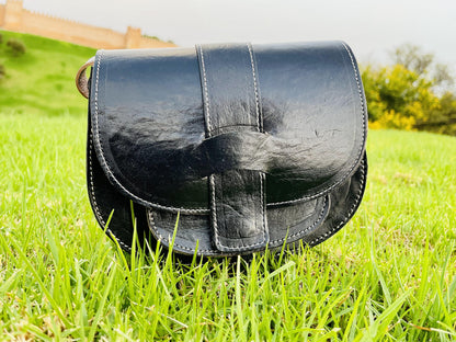 Moroccan Leather Bag, Genuine Leather Crossbody Bag, Moroccan Shoulder Bag, Women'S Leather Bag, Handmade Carved Leather Bag, Black Boho Bag