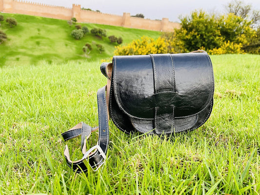 Moroccan Leather Bag, Genuine Leather Crossbody Bag, Moroccan Shoulder Bag, Women'S Leather Bag, Handmade Carved Leather Bag, Black Boho Bag