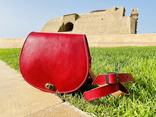 Moroccan Leather Bag, Genuine Leather Crossbody Bag, Moroccan Shoulder Bag, Women'S Leather Bag, Handmade Carved Leather Bag, Red Boho Bag