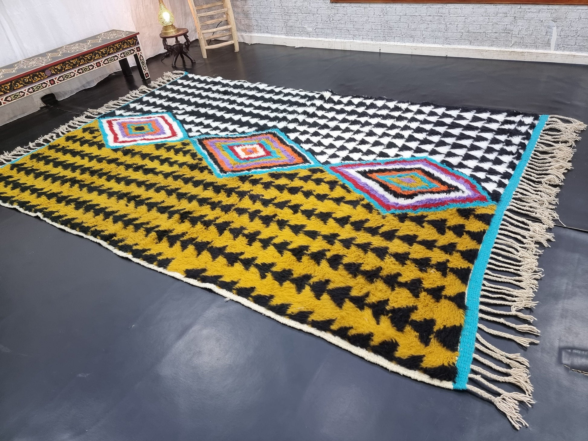ABSTRACT UNIQUE RUG, Moroccan Handmade Rug, Mustard Black & White Rug, Sheep Wool Rug, Geometric Funky Berber Rug, Custom Made Colorful Rug