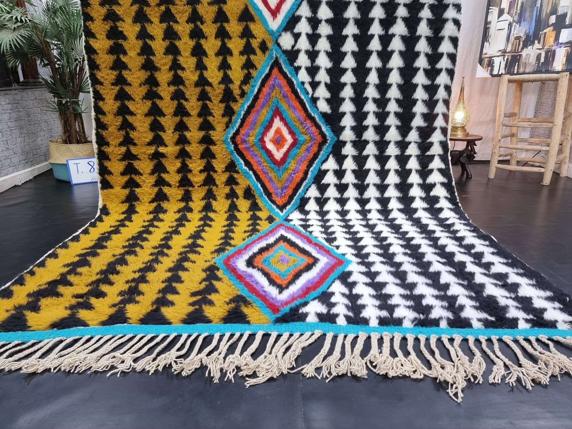 ABSTRACT UNIQUE RUG, Moroccan Handmade Rug, Mustard Black & White Rug, Sheep Wool Rug, Geometric Funky Berber Rug, Custom Made Colorful Rug