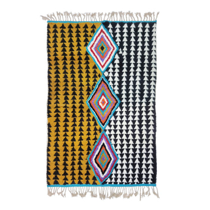 ABSTRACT UNIQUE RUG, Moroccan Handmade Rug, Mustard Black & White Rug, Sheep Wool Rug, Geometric Funky Berber Rug, Custom Made Colorful Rug