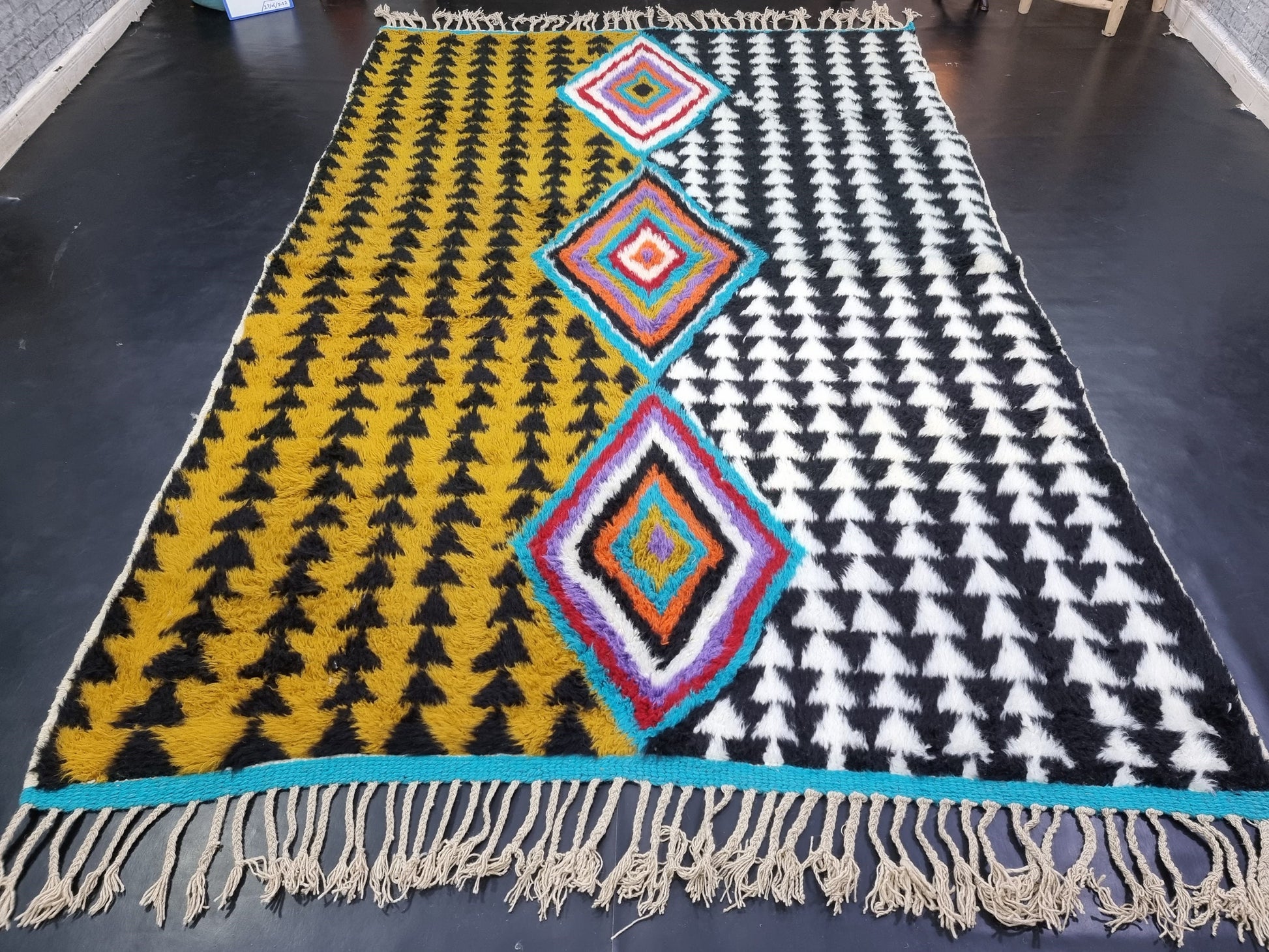 ABSTRACT UNIQUE RUG, Moroccan Handmade Rug, Mustard Black & White Rug, Sheep Wool Rug, Geometric Funky Berber Rug, Custom Made Colorful Rug