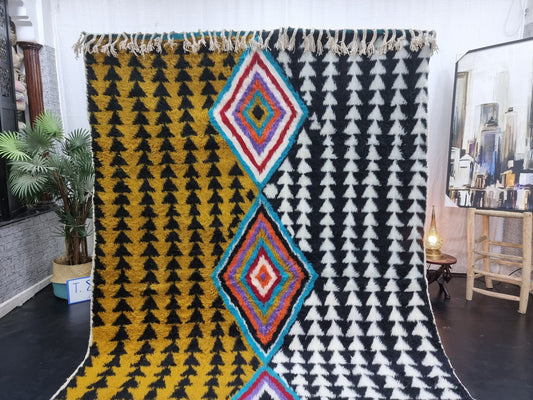 ABSTRACT UNIQUE RUG, Moroccan Handmade Rug, Mustard Black & White Rug, Sheep Wool Rug, Geometric Funky Berber Rug, Custom Made Colorful Rug