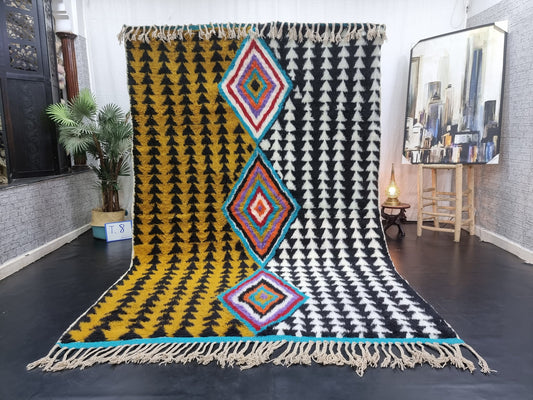 ABSTRACT UNIQUE RUG, Moroccan Handmade Rug, Mustard Black & White Rug, Sheep Wool Rug, Geometric Funky Berber Rug, Custom Made Colorful Rug
