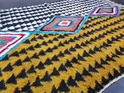 ABSTRACT UNIQUE RUG, Moroccan Handmade Rug, Mustard Black & White Rug, Sheep Wool Rug, Geometric Funky Berber Rug, Custom Made Colorful Rug