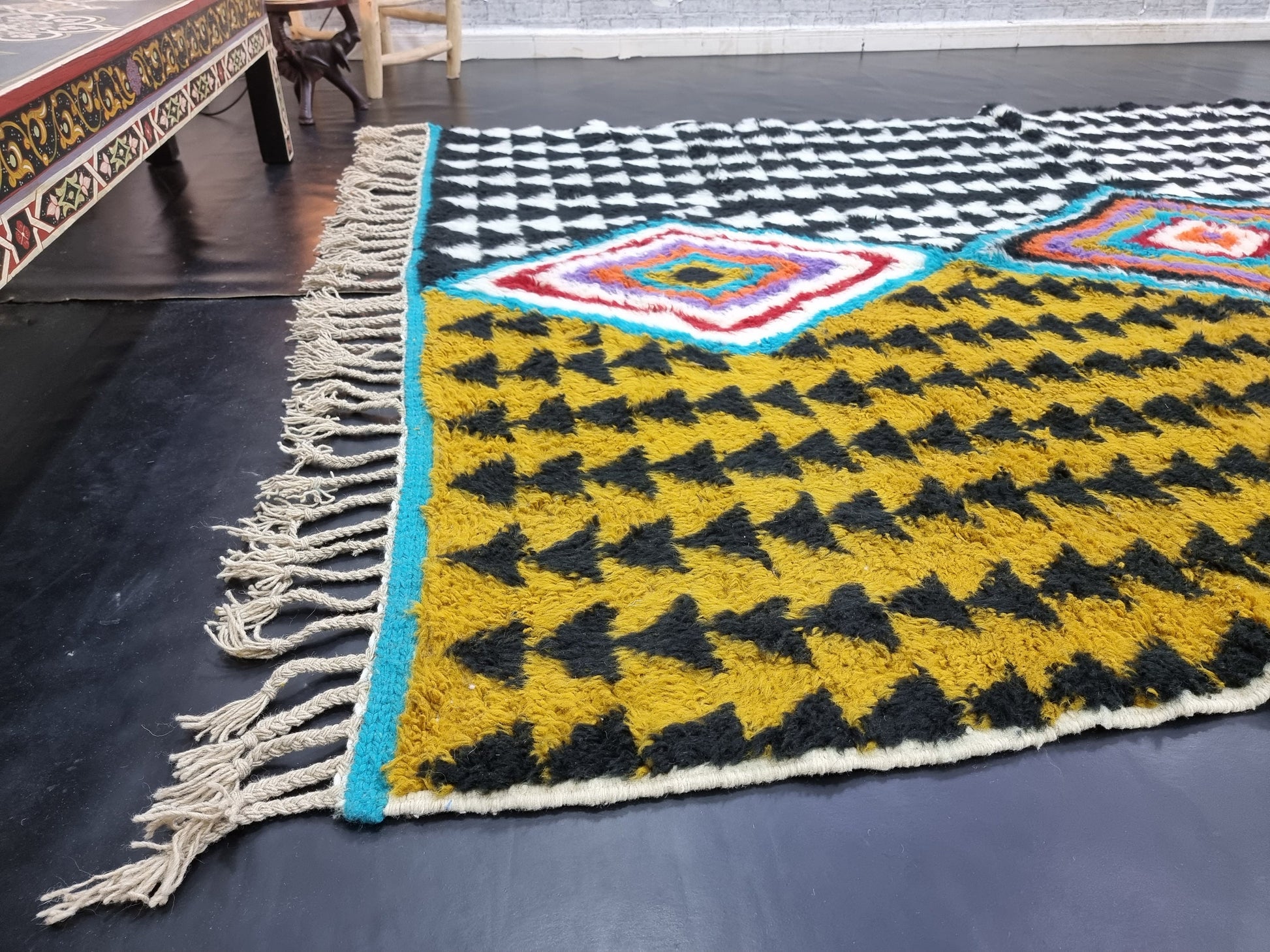 ABSTRACT UNIQUE RUG, Moroccan Handmade Rug, Mustard Black & White Rug, Sheep Wool Rug, Geometric Funky Berber Rug, Custom Made Colorful Rug