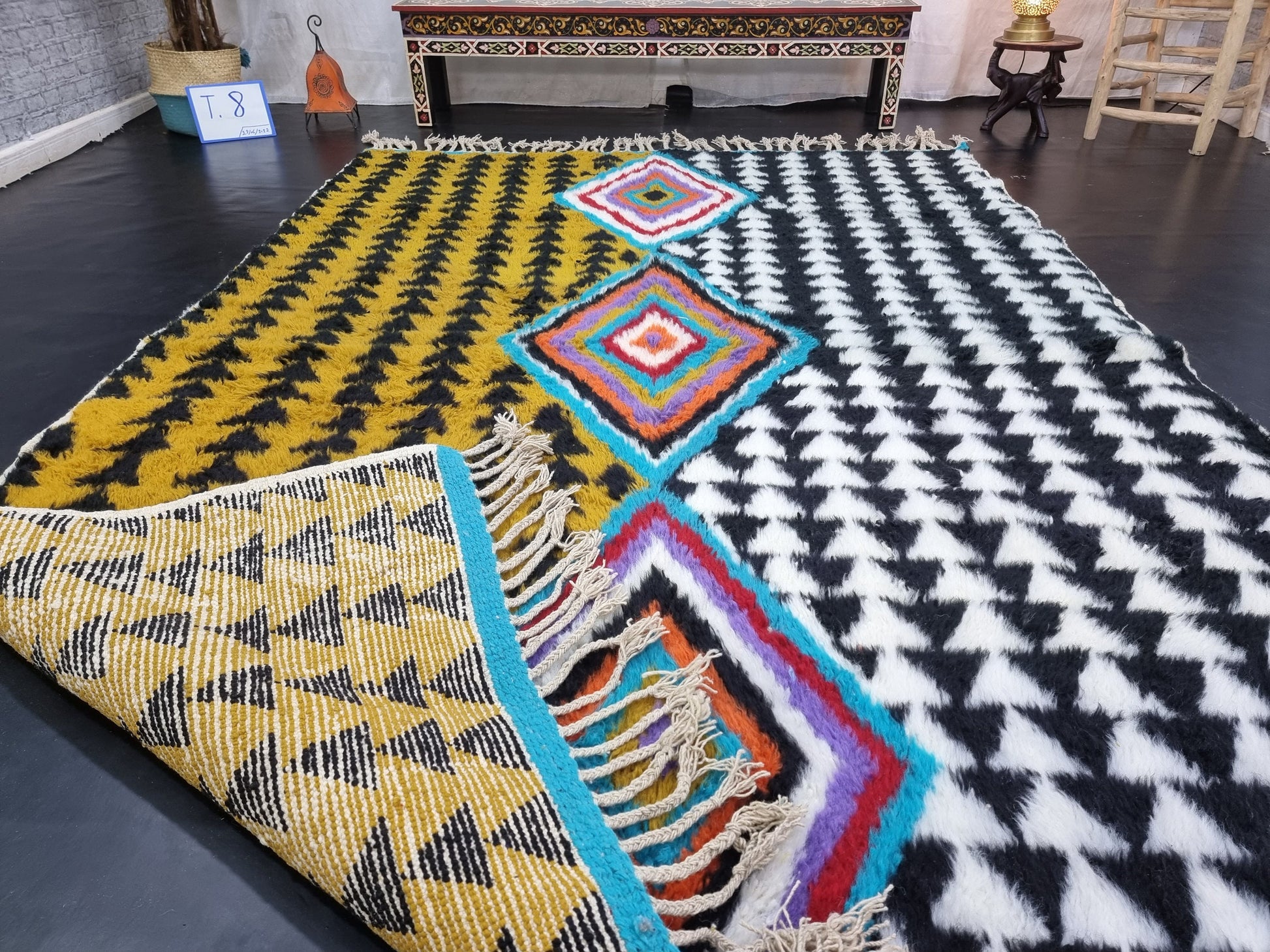 ABSTRACT UNIQUE RUG, Moroccan Handmade Rug, Mustard Black & White Rug, Sheep Wool Rug, Geometric Funky Berber Rug, Custom Made Colorful Rug