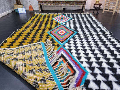 ABSTRACT UNIQUE RUG, Moroccan Handmade Rug, Mustard Black & White Rug, Sheep Wool Rug, Geometric Funky Berber Rug, Custom Made Colorful Rug