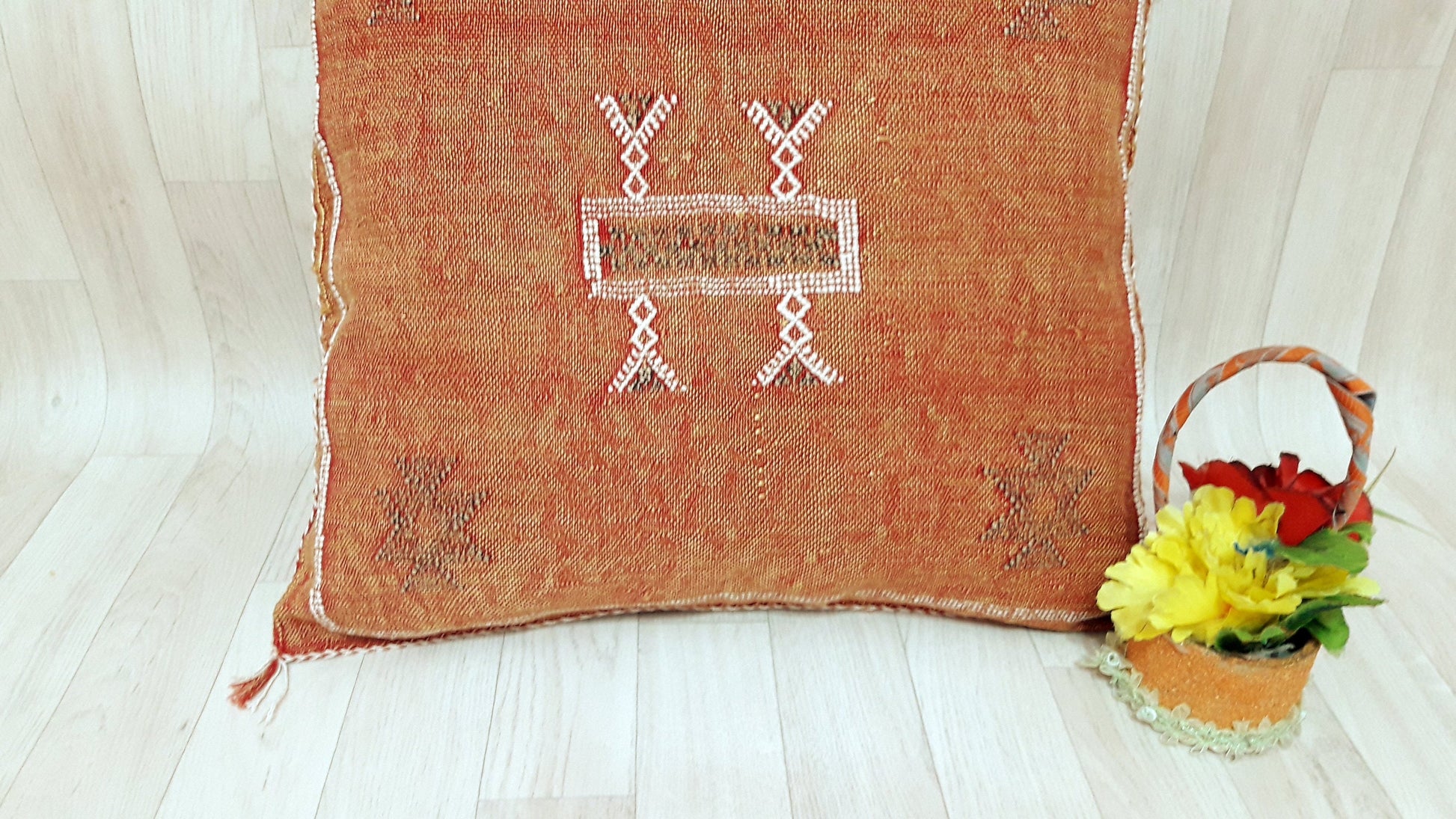 Orange Cactus Silk Pillow Cover, Moroccan Boho Throw Pillow , Hand Woven Berber Pillow, Decorative Sabra Cactus Silk Cushion Cover