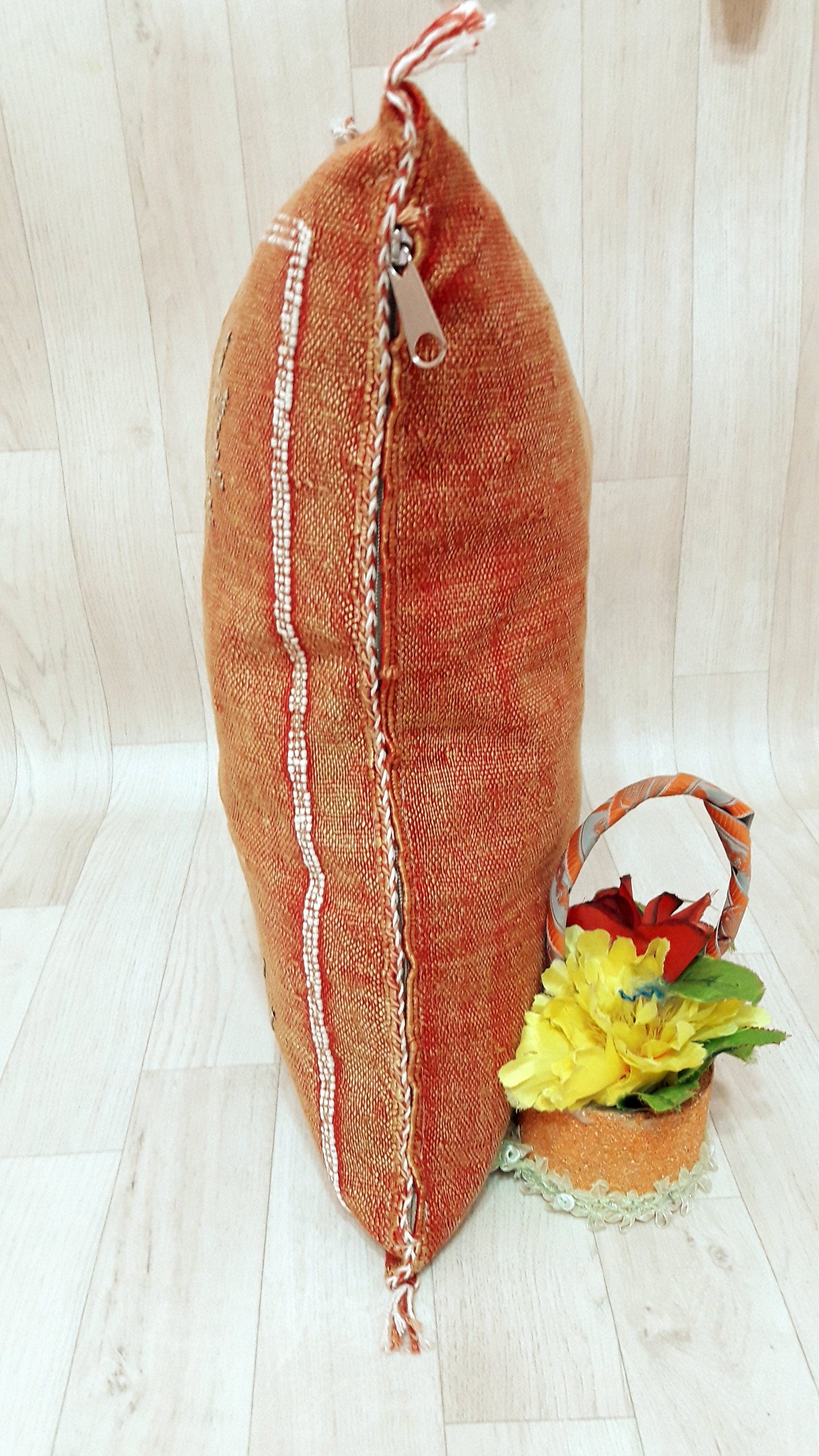 Orange Cactus Silk Pillow Cover, Moroccan Boho Throw Pillow , Hand Woven Berber Pillow, Decorative Sabra Cactus Silk Cushion Cover