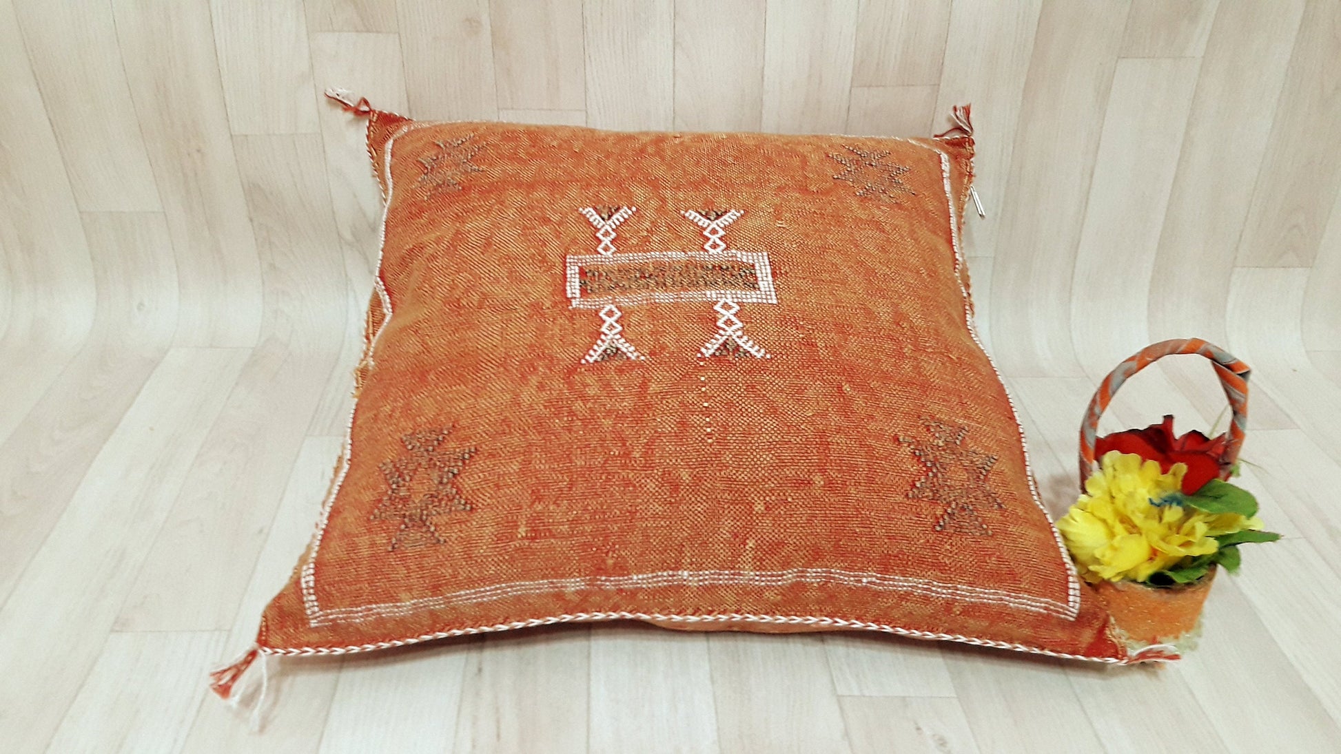 Orange Cactus Silk Pillow Cover, Moroccan Boho Throw Pillow , Hand Woven Berber Pillow, Decorative Sabra Cactus Silk Cushion Cover