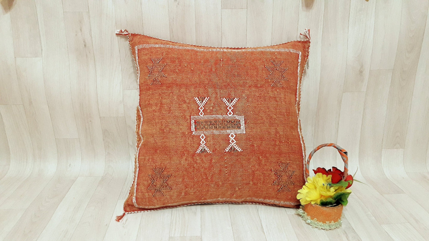 Orange Cactus Silk Pillow Cover, Moroccan Boho Throw Pillow , Hand Woven Berber Pillow, Decorative Sabra Cactus Silk Cushion Cover