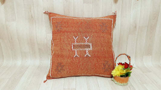 Orange Cactus Silk Pillow Cover, Moroccan Boho Throw Pillow , Hand Woven Berber Pillow, Decorative Sabra Cactus Silk Cushion Cover