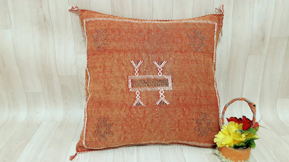 Orange Cactus Silk Pillow Cover, Moroccan Boho Throw Pillow , Hand Woven Berber Pillow, Decorative Sabra Cactus Silk Cushion Cover