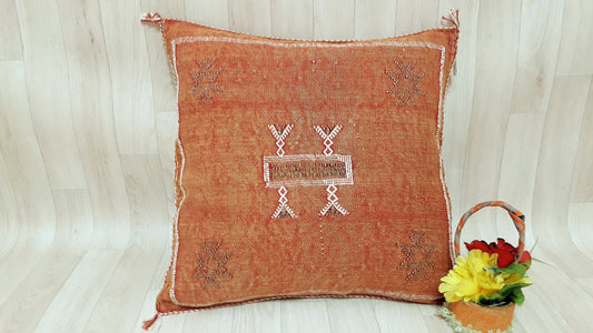 Orange Cactus Silk Pillow Cover, Moroccan Boho Throw Pillow , Hand Woven Berber Pillow, Decorative Sabra Cactus Silk Cushion Cover