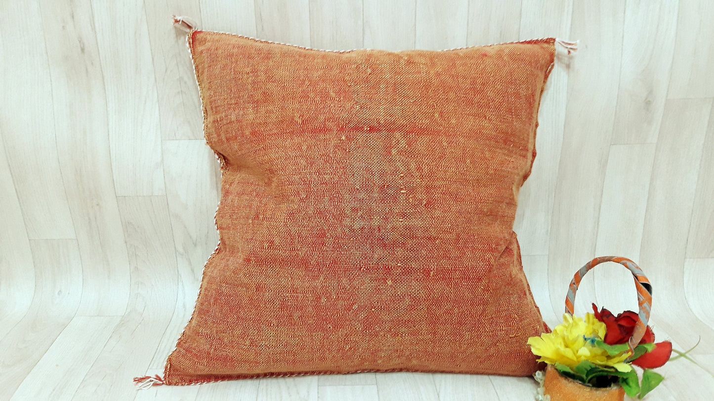 Orange Cactus Silk Pillow Cover, Moroccan Boho Throw Pillow , Hand Woven Berber Pillow, Decorative Sabra Cactus Silk Cushion Cover