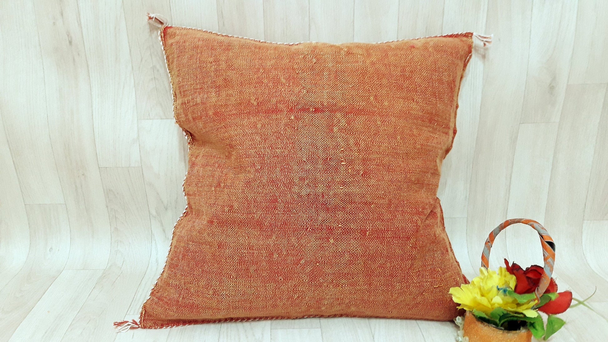 Orange Cactus Silk Pillow Cover, Moroccan Boho Throw Pillow , Hand Woven Berber Pillow, Decorative Sabra Cactus Silk Cushion Cover