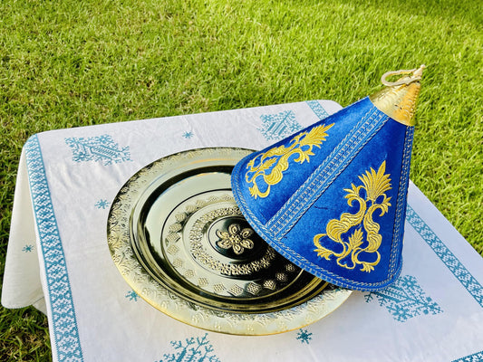 Large Moroccan Copper Tray Taiffour, Moroccan Tagine Brass Tray, Tagine 100% Copper, Serving Brass Tray, Décorative Tagine, Blue Taiffour