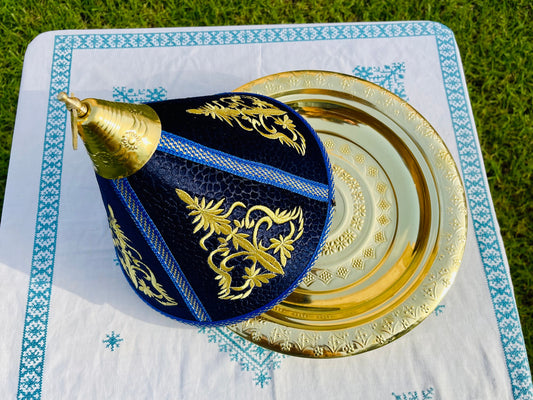 Large Moroccan Copper Tray Taiffour, Moroccan Tagine Brass Tray, Tagine 100% Copper, Serving Brass Tray, Décorative Tagine, Blue Taiffour